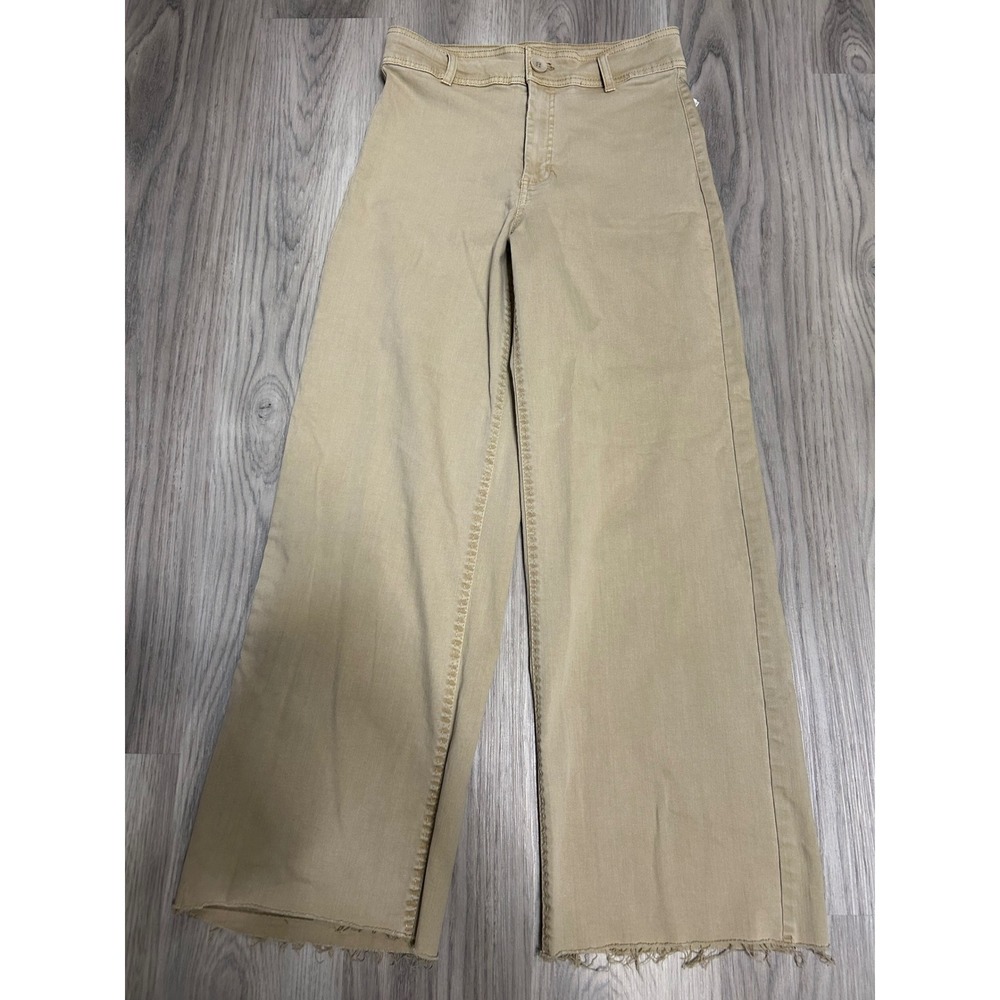 OAT New York Tan High Waisted Wide Leg Raw Hem luxury Pants Khaki Size 6 28